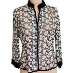 Talbots Womens Sheer Floral Embroidered Jacket Size 12 Black & White Nylon/Rayon